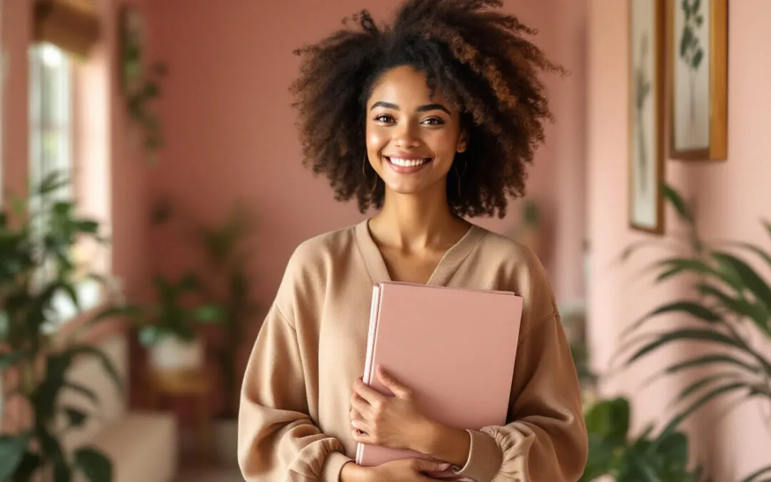 Jeune femme souriante tenant un classeur rose dans un centre de formation