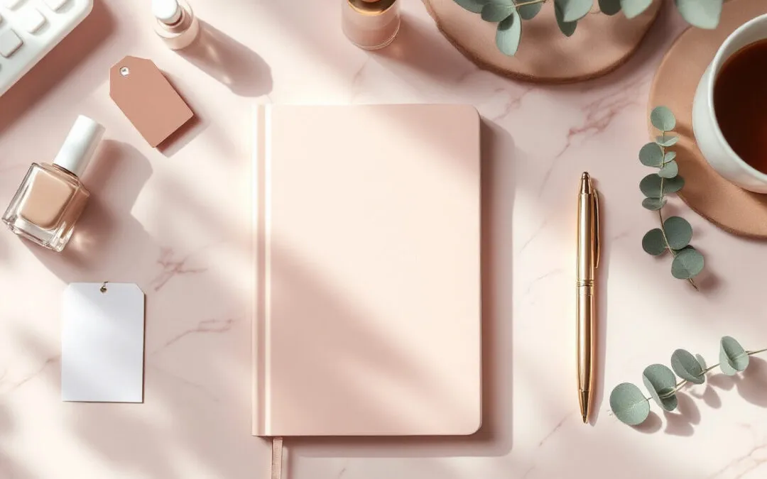 Carnet, calculatrice, stylo doré et flacon de vernis sur un bureau en marbre rose