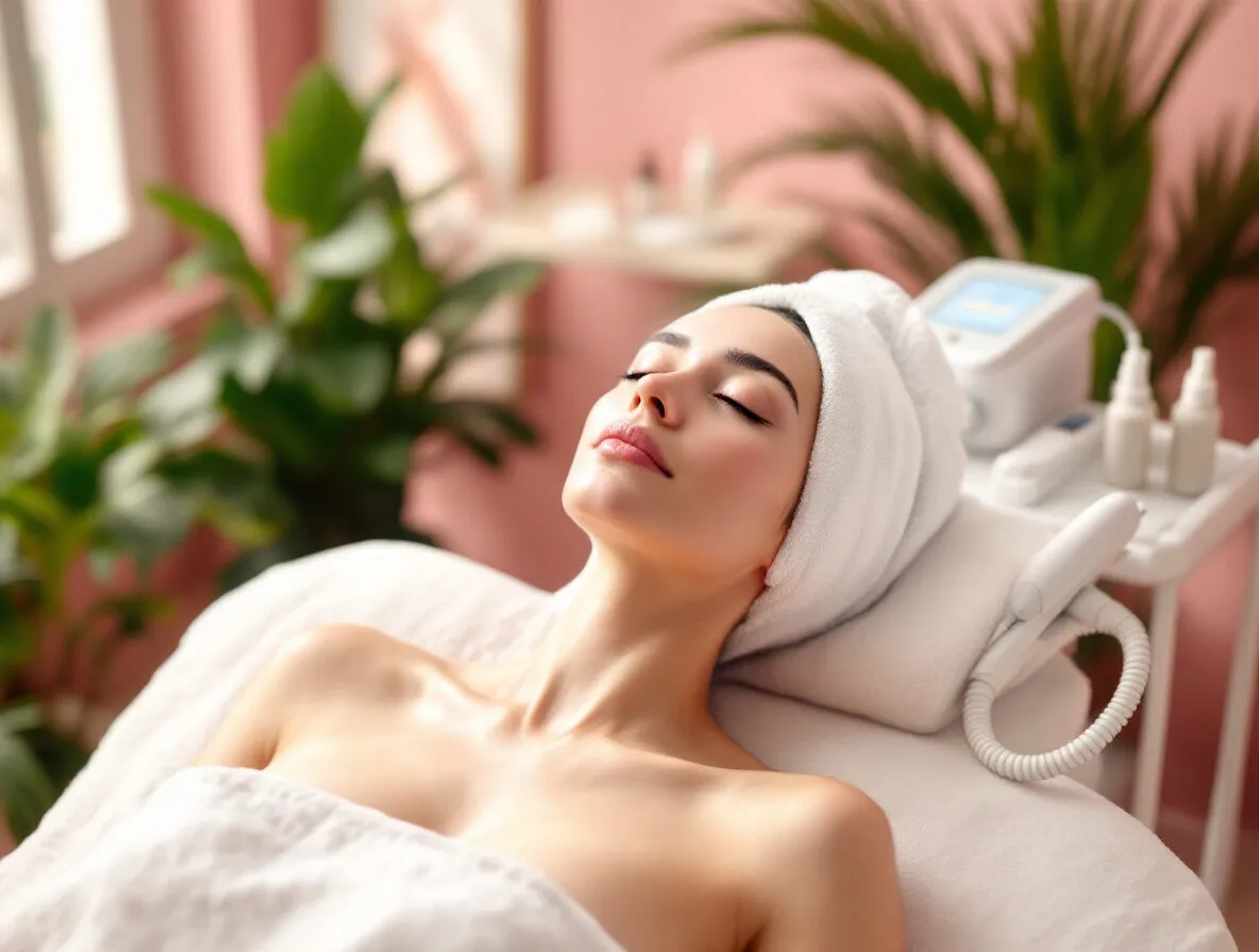 Cliente détendue allongée pour un soin du visage, appareil d’hydradermabrasion à côté