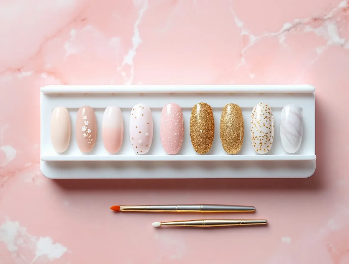 Présentoir de neuf capsules décorées : fleurs, pois, paillettes dorées et effet marbre