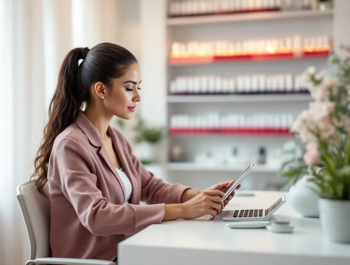 Gérante d’institut consultant son smartphone à son bureau