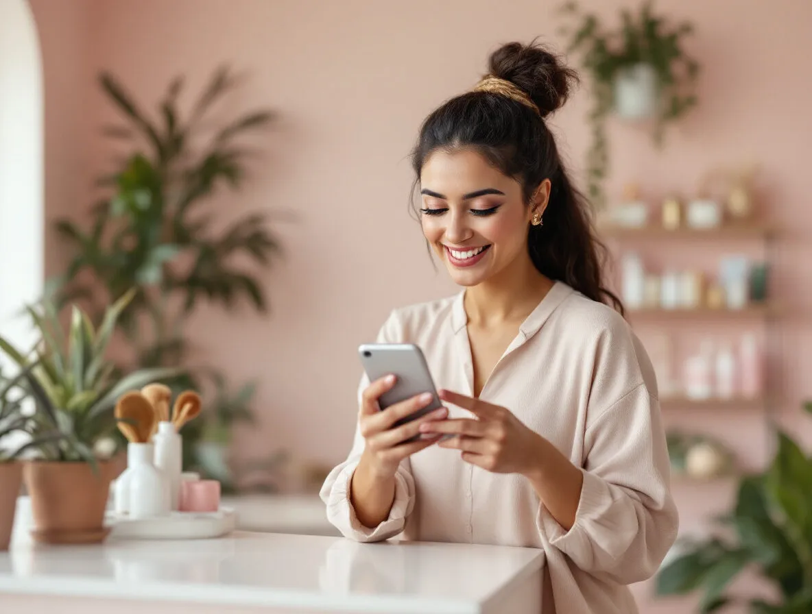 Gérante d’institut souriante utilisant son smartphone derrière le comptoir