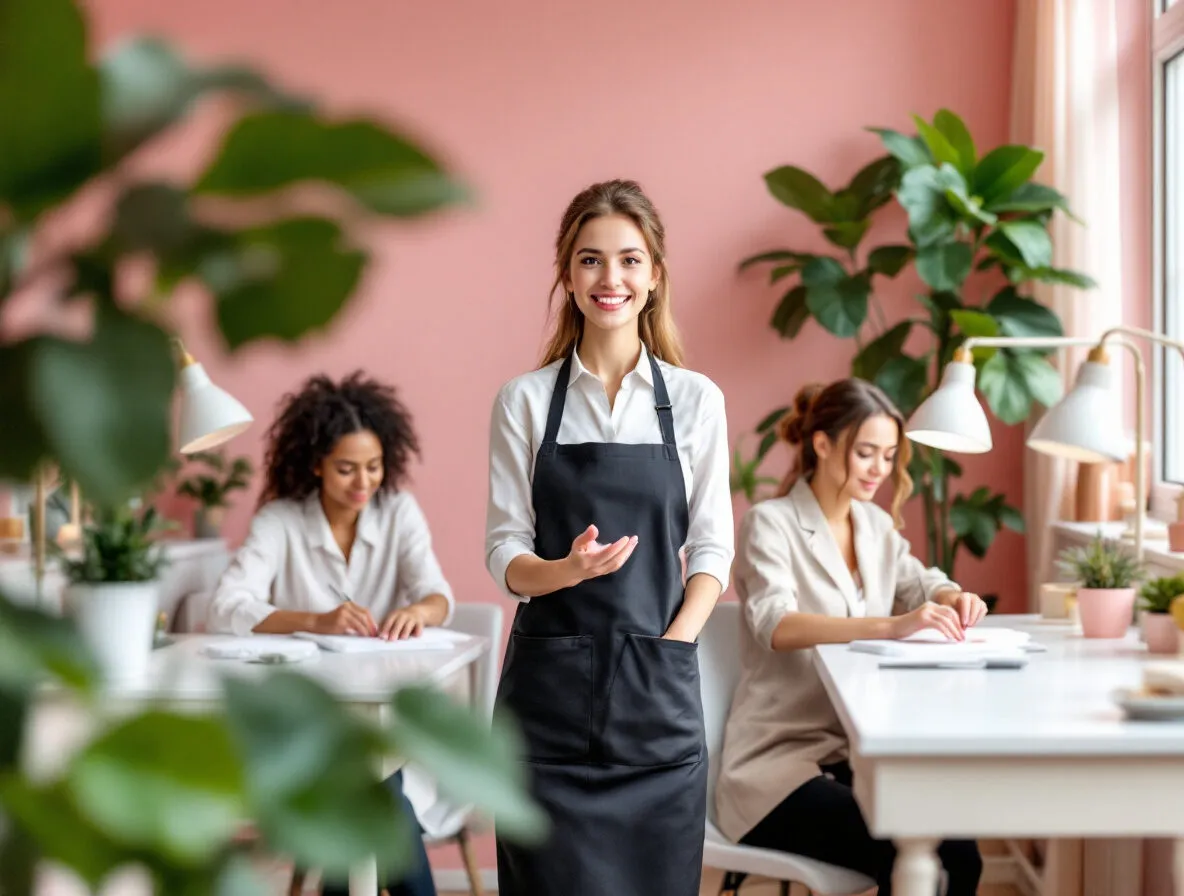 Formatrice souriante en tablier noir aux côtés de deux stagiaires installées à leur table de travail