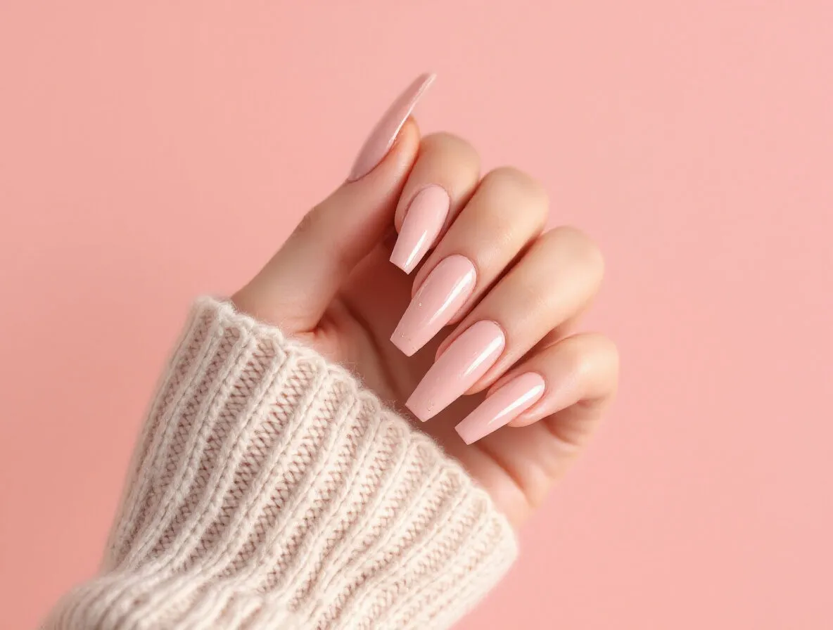 Ongles longs rose poudré en forme ballerine, posés en capsules américaines