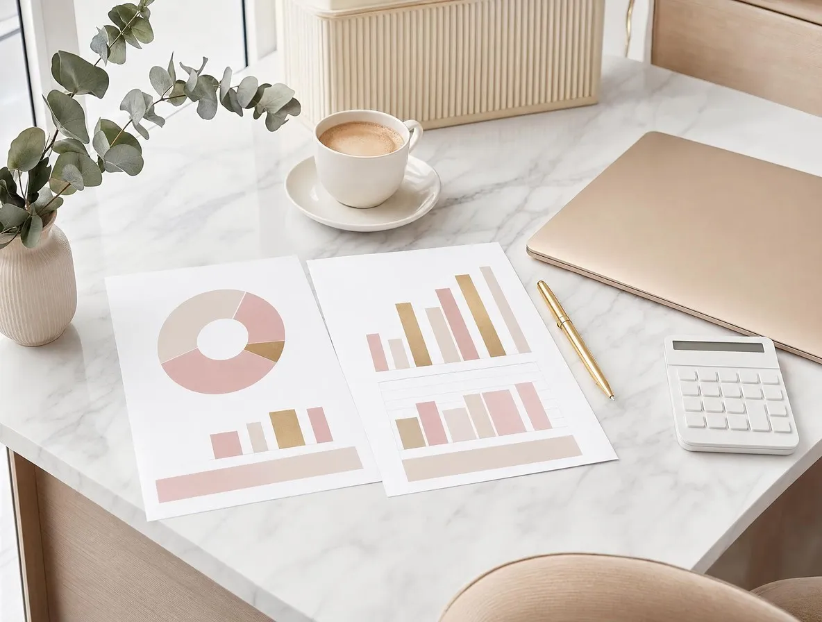Graphiques imprimés, calculatrice et ordinateur fermé sur un bureau en marbre blanc