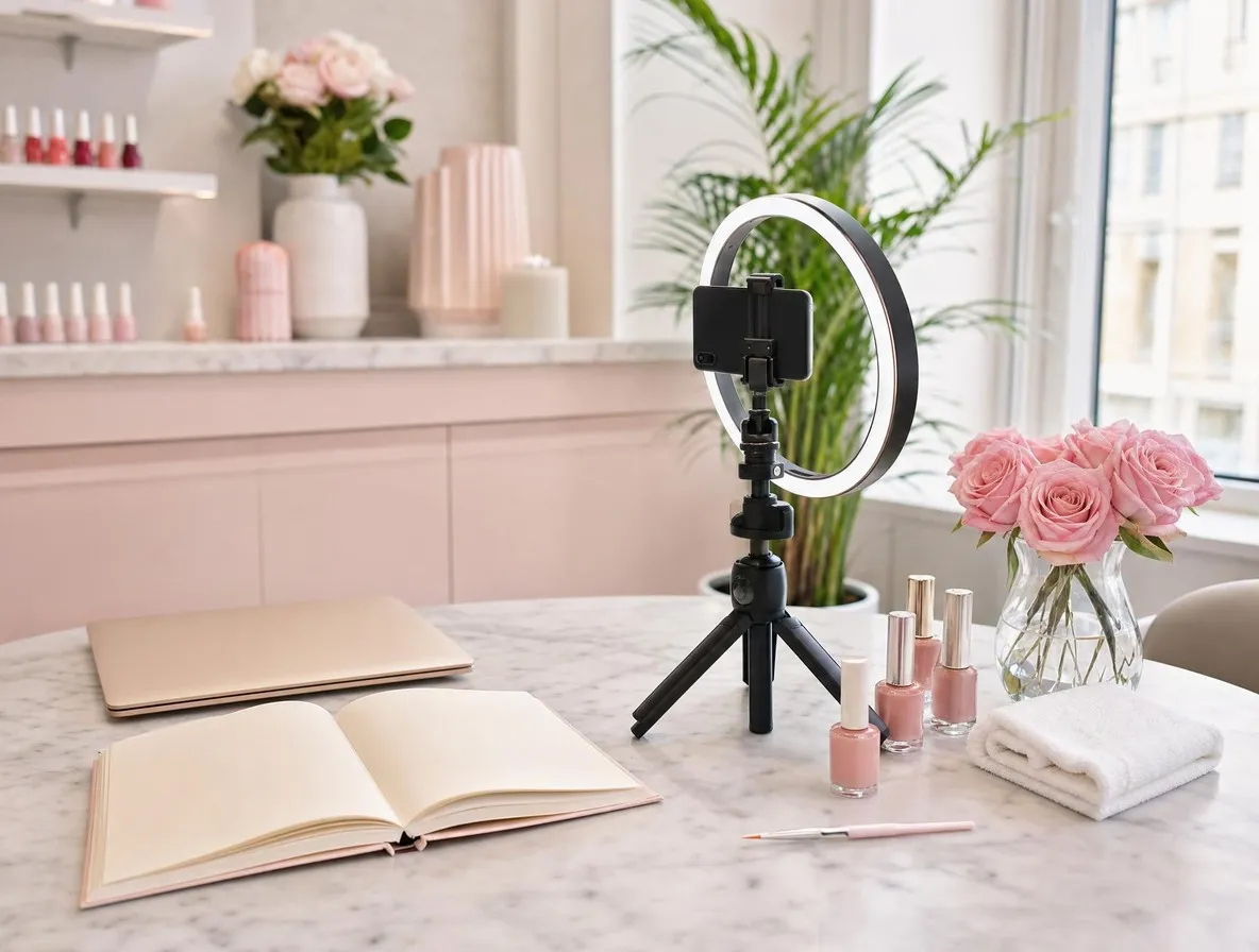 Smartphone sur trépied et anneau lumineux prêts à filmer une mise en scène d’onglerie