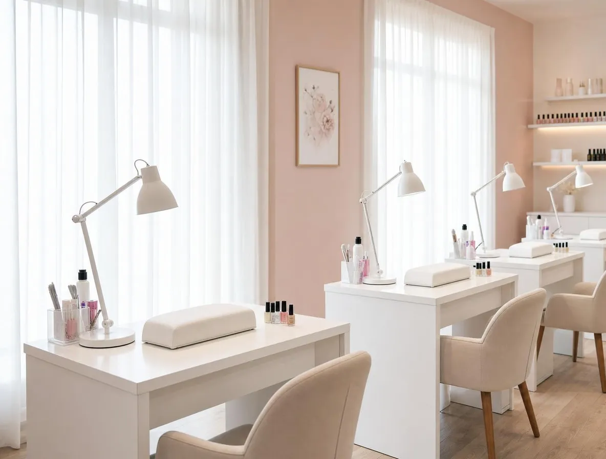 Salle de formation en onglerie : quatre postes blancs avec lampe, fauteuils beiges et mur rose poudré
