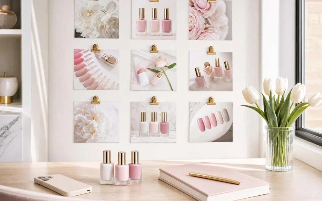 Tirages de fleurs et de vernis épinglés au-dessus d’un bureau avec smartphone, vernis et carnet rose