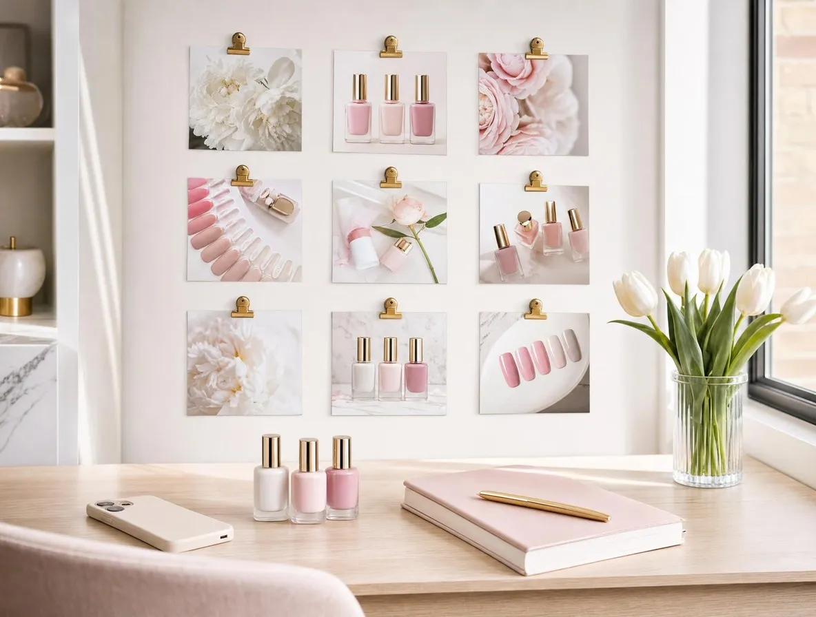 Tirages de fleurs et de vernis épinglés au-dessus d’un bureau avec smartphone, vernis et carnet rose