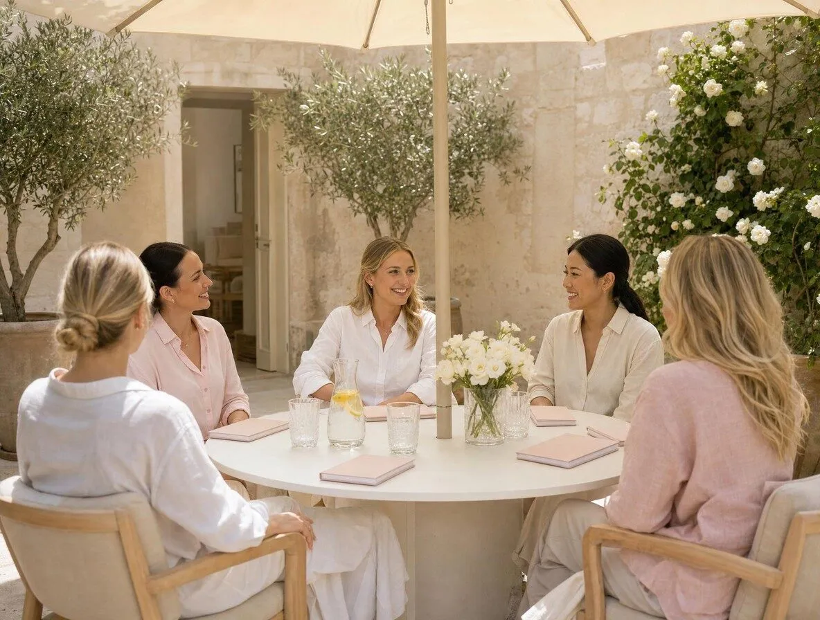 Participantes échangeant autour d’une table ronde, sous un parasol, dans une cour ensoleillée