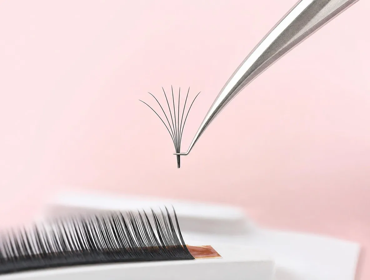 Pince tenant un éventail de cils très fins, préparé pour une pose en volume russe